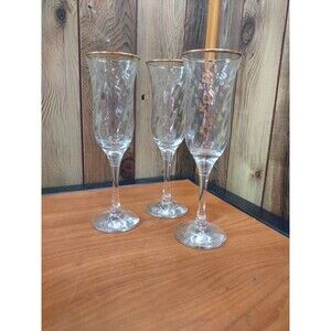 Set Of 3 Elegance 7oz Champagne Flutes Hand Decorated Gold Rim
